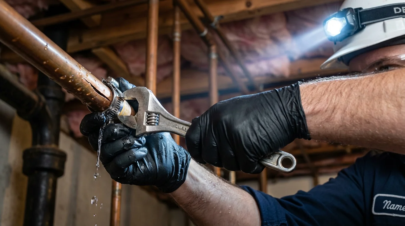 Emergency pipe clamp repair being performed by a Johns Plumbing LLC plumber in Hugo