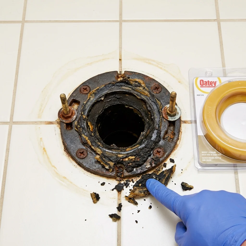 Failed wax ring showing water seepage at the base of a toilet in a Hugo, OK home