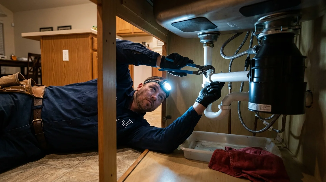 P-trap and supply line connections under a kitchen sink showing a common leak point in Hugo, OK